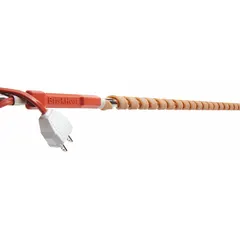 Silicone rubber heating tape with a maximum operating temperature of 49°C, 80 ft length, 1/2 in width, and 1/8 in thickness. Includes a controller and power cord with NEMA 1-15 plug. Compatible with metal surfaces for freeze protection and process temperature maintenance on pipes, tanks, and equipment.