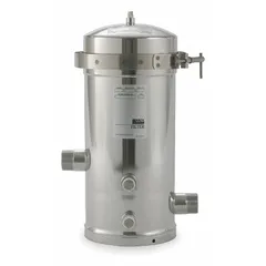 This 3M AQUA-PURE water filter housing is constructed from 316L stainless steel with a silver finish. It features a 1 1/2 in NPT male connection, overall height of 19 1/2 in, and overall diameter of 12 in. Designed for use in water filtration systems to house sediment or carbon cartridges in commercial and industrial applications.