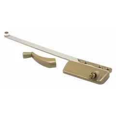 This left-hand, surface-mount crank window operator is designed for casement windows. It includes a crank handle and features a gold, copper-plated finish with a 3-inch base length. The operator provides manual opening and closing of the window sash.