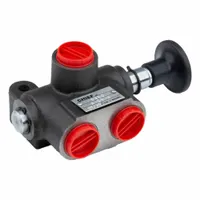 Three-way, two-position manual hydraulic selector valve rated for 30 gpm and 3,000 psi. Designed for single-acting cylinders, operated via a knob. Suitable for directing flow in mobile or industrial hydraulic systems