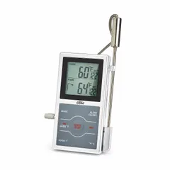 LCD thermometer/timer combination with dual-sensing probe and dual progress display. Plastic case with LCD lens, 7 1/2 in overall length. Used for temperature monitoring and timing in food preparation and processing environments.