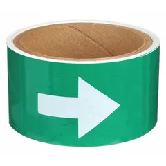 This vinyl pipe marker features a green background with white legend text to indicate directional flow. It is 2 inches long and 12 inches wide, supplied on a 12-inch roll. Non-reflective, it is suitable for identifying pipe contents and flow direction in industrial piping systems.