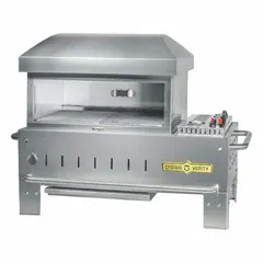This natural gas pizza oven features two burners delivering 30,000 BtuH heating capacity. It has an overall height of 33 inches and weighs 227 lb. Accommodates one 22 lb tank. Suitable for commercial food service environments requiring consistent heat for pizza preparation.