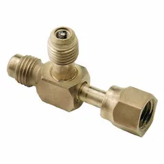Multi-connection access valve tee with elbow configuration, 1/4 in SAE female line connection and 1/4 in male SAE right-hand connection. Includes cap and valve core. Used in HVAC and refrigeration systems for pressure testing, charging, or evacuating refrigerant.