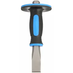This hand-guarded cold chisel features a steel blade with a 1-inch width and 12-inch overall length. The cushioned grip and integrated handguard reduce vibration and protect the user's hand during striking applications. Suitable for cutting and shaping cold metal in fabrication and maintenance tasks.