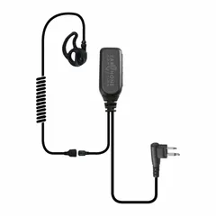 This wired headset features an ear hook and push-to-talk button for hands-free two-way radio communication. It has a single-wire design and is black. Typical applications include industrial, security, and field-service environments where reliable communication is required.