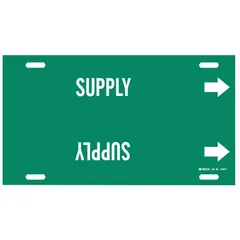 Strap-on pipe marker for identifying supply lines. Green background with white legend and directional arrows. Fits pipe outer diameters from 6 to 7-7/8 inches. Supplied as a single marker.
