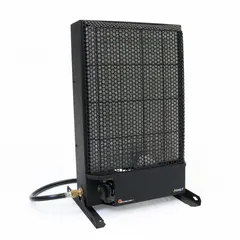 This portable gas table-top heater delivers 6,000 BtuH of heating capacity for areas up to 230 sq ft. It features a rectangular black housing and measures 19-1/2 in x 13-1/2 in x 4-3/4 in. Suitable for spot heating in well-ventilated spaces such as patios, campsites, or worksites.