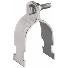 Conduit strap clamp for securing 1-1/2 in conduit to 1-5/8 in strut channels. Made of 316 stainless steel with polished finish. Features 5/16 in-18 thread and 1.500 in cable range. Suitable for supporting conduit in industrial and commercial electrical installations.