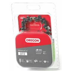 OREGON D72 chainsaw chain with 3/8 in pitch, 0.05 in gauge, 72 drive links, and 7/32 in file size. Suitable for use with chainsaws requiring a 20-inch bar. Used for cutting wood in applications such as felling, limbing, and bucking.