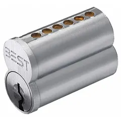 Small Format Interchangeable Core (SFIC) cylinder in chrome finish for cylindrical lock assemblies. Features a G keyway and 6 pins. Used in commercial facilities where quick rekeying is needed by swapping the core without removing the entire lock.