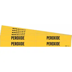 These adhesive pipe markers feature a yellow background with black legend text reading 'Peroxide' and are designed to fit pipe outer diameters from 3/4 to 2-3/8 inches. Each pack contains 4 markers without arrows, sold in a 5-pack configuration. They are used to identify pipes carrying peroxide in industrial facilities, aiding in quick recognition of hazardous contents during maintenance or emergency response.