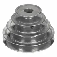 This fixed-bore die-cast stepped V-belt pulley features 4 steps for multiple speed ratios in a single drive. It is used in industrial machinery such as drill presses, lathes, and milling machines to vary spindle speed by shifting the V-belt between steps
