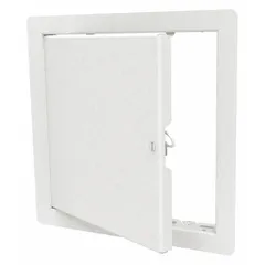 This steel latching access door is designed for wall mounting to provide secure access to plumbing, electrical, or HVAC components. It features a concealed hinge and exposed flange, with a 16-gauge steel construction and white finish. The door measures 10 inches in width and height.