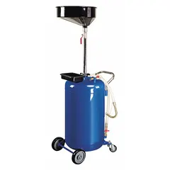 Portable container for collecting, storing, and transporting used oil. Gray finish. Overall height 49 1/4 in, length 29 7/8 in, diameter 17 7/8 in. Suitable for use in maintenance shops and garages for waste oil containment.