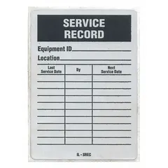 Adhesive aluminum label for documenting service history on industrial equipment. Measures 3 inches wide by 4 1/4 inches high, black/silver, English text. Pack of 25 labels provides a durable record surface for maintenance tracking.