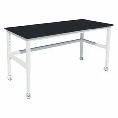 This adjustable-height lab table features a phenolic countertop in Petal White with a steel frame. It has vibration isolating locking swivel casters for mobility and stability. Height range is 30 to 36 inches. Overall dimensions: 6 ft length, 24 in width, 36 in height. Suitable for laboratory environments requiring chemical and moisture resistance.