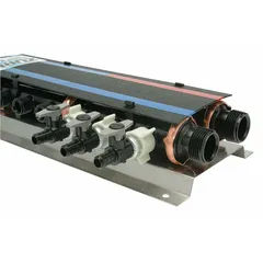 Stainless steel branch manifold with 21 inlets and 33 outlets for 1 in and 1/2 in connections. Rated for maximum operating pressure of 100 psi. Used in plumbing and heating systems to distribute water or heating fluid from a single supply to multiple branch lines.