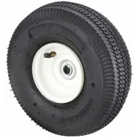 Pneumatic wheel with a 10-inch diameter and 3-inch width, rated for 300 lb load capacity. Features a rubber tire on a steel hub with standard bore. Suitable for industrial carts, dollies, and light-duty trailers, providing smooth rolling over uneven surfaces in workshops, warehouses, and manufacturing facilities
