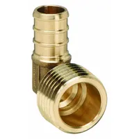 This brass crimp-on tube fitting elbow features a barbed x MNPT connection type, designed for use with PEX tubing in plumbing systems. It has a 1/2 in ID x 1/2 in ID x 1/2 in Pipe Size configuration and uses a crimp connection method