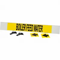 Yellow fiberglass carrier-mounted pipe marker with black legend reading 'Boiler Feed Water' and directional arrows. Designed for pipes with outside diameter of 8 inches and larger. Includes strapping for installation. Suitable for identifying boiler feed water lines in industrial piping systems