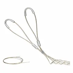 This double-eye lace closing cable support mesh grip is constructed from stainless steel with a 21-inch mesh length. It accommodates cables with diameters from 2.00 to 2.50 inches and has a breaking strength of 3,260 pounds. Used to support and relieve strain on cables in industrial installations, it provides a secure attachment point to prevent damage from tension or pulling forces.