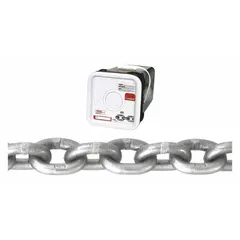 This CAMPBELL chain is Grade 43, made of carbon steel with straight welded links. It is used for load securing in tie-downs, towing, and cargo restraint applications in transportation and industrial rigging.