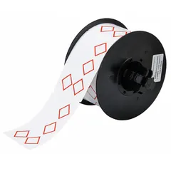 Red GHS/CLP 4A diamond precut label roll with no legend, measuring 2 11/64 in x 3 11/32 in. Acrylic adhesive. Compatible with i5300 printer series. Used for hazard communication on chemical containers, drums, and secondary vessels.