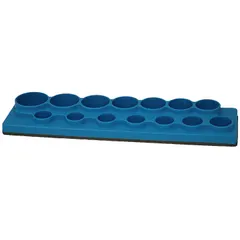 This blue polypropylene socket tray has 14 posts/slots and a magnetic back for secure attachment to metal surfaces. It is used for organizing and storing sockets in workshops, tool cribs, or service trucks, providing quick access during maintenance or assembly tasks.