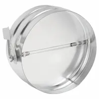 Round manual balancing damper for 14-inch ducts, constructed of steel with a 6 3/8-inch length. Includes a locking manual quadrant for secure position adjustment. Designed for horizontal mounting and suitable for air velocities up to 2000 fpm. Used to regulate airflow in round HVAC ducts for balancing air distribution