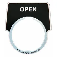 Half-round legend plate for 30 mm panel mounting. Overall height 2 in, width 1 3/4 in. Constructed of black metallic aluminum with an open silver notch and English legend. Used to label and identify push-button controls on industrial control panels.