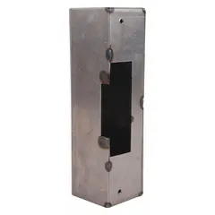 Steel electric strike box with an unfinished silver finish. Includes one mounting hole and mounting hardware. Used for securing electric strikes in gate installations for access control integration.