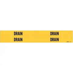 Yellow adhesive pipe marker with black 'Drain' legend for identifying drain piping. Fits pipe outer diameters from 3/4 to 2-3/8 inches. Pack of 4 markers without arrows. Suitable for industrial facility piping identification.