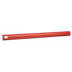 This blank snap-on pipe marker features a red background with white legend text and includes arrows for indicating flow direction. It fits pipe outer diameters from 1-1/8 to 2-3/8 inches and is supplied as a single marker. Used for identifying pipe contents and flow direction in industrial piping systems.
