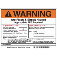 Vinyl adhesive sign, 5 in x 7 in, pack of 5. Displays arc flash and shock hazard warning with required PPE, flash protection boundary, and hazard risk category 4. Non-retroreflective, non-glow-in-the-dark. Suitable for mounting on electrical enclosures to warn personnel of electrical hazards