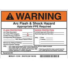 Vinyl adhesive sign, 5 in x 7 in, pack of 5. Displays arc flash and shock hazard warning with required PPE, flash protection boundary, and hazard risk category 4. Non-retroreflective, non-glow-in-the-dark. Suitable for mounting on electrical enclosures to warn personnel of electrical hazards.