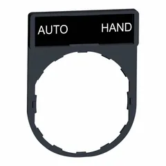 Rectangular non-metallic legend plate for 22 mm panel mounting. Features black/red face with white 'Auto-Hand' English text. Overall height 1 5/8 in, overall width 1 3/16 in. Used to label push-button stations in industrial control panels.