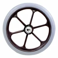 This caster style wheel assembly is constructed from polyurethane and measures 8 inches in overall height and 1 inch in overall width. It is designed for use with Invacare-compatible wheelchairs and mobility equipment, providing rolling support for patient transport and daily mobility