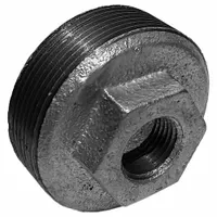 This straight reducing pipe fitting is made of malleable iron and features a 2-inch female inlet and a 1/2-inch female outlet. It is used to connect pipes of different diameters in medium-pressure threaded piping systems, such as those found in industrial plumbing, steam, and gas applications