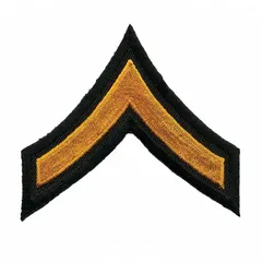 Embroidered rank insignia patch denoting Private First Class (PFC). Measures 3 inches with gold design on black background. Constructed from polyester and rayon. Supplied as a pair (1 PR). Suitable for uniform identification on military or tactical garments.