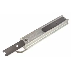 Stainless steel straight-edge round-tip replacement utility blade with 1/2 in width and 0.005 in thickness. Includes blade dispenser for safe storage and access. Suitable for cutting and scraping tasks in maintenance and construction.