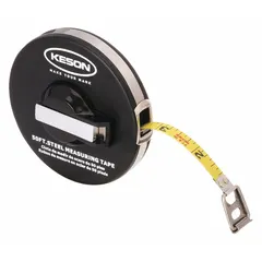 Manual closed-reel long tape measure with a 50 ft SAE blade length and 1/8 in graduation marks. Features a single-sided stainless steel blade with a nonmagnetic single hook end. Suitable for construction, surveying, and industrial layout tasks requiring accurate distance measurement.