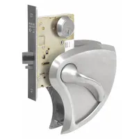 Stainless steel office lever lockset with satin finish, ADA compliant and ligature-resistant. F04 function includes inside turn piece with no message, designed for left-hand reverse doors. Suitable for commercial and institutional settings requiring accessible, secure door hardware