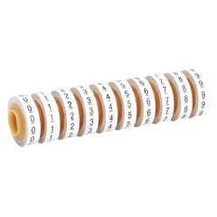 Replacement roll for wire marker dispensers, providing black-on-white polyester film labels with legend 0 to 9. Each 10-pack contains 5,760 labels. Used for permanent identification of electrical wires, cables, and components in industrial control panels, machinery, and facility wiring.