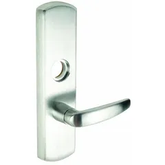 This VON DUPRIN mechanical exit device trim is a lever-style outside trim for use with compatible exit push bars. It is finished in silver (US26D) and configured for right-hand reverse (RHR) doors. The lever provides exterior operation of the exit device. This trim is not ADA compliant.