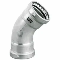 This stainless steel press elbow is used to create 90-degree directional changes in piping systems. It features press-fit connections on both ends and an FKM seal for chemical and temperature resistance. Suitable for industrial, HVAC, and plumbing applications requiring secure, leak-proof joints