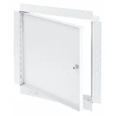 This steel latching access door is designed for wall mounting, providing secure access to mechanical, electrical, or plumbing systems. It features a piano hinge and drywall bead flange for flush installation in finished walls. Constructed from 16-gauge steel with a white finish, the door includes a latching mechanism for secure closure.