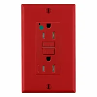 This hospital-grade GFCI duplex receptacle is rated 125V AC and 15 A/20 A with a 5-15R configuration. The red housing aids identification in commercial and healthcare settings where ground-fault protection is required. It is suitable for use in damp or wet locations to help reduce shock risk