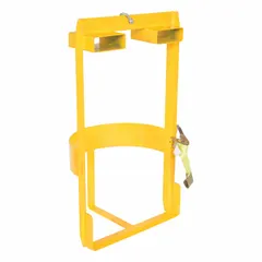 Steel drum lifting cradle for handling 30- and 55-gallon metal, fiber, or plastic drums. Yellow finish with body grip location. Supports loads up to 1,000 lb.