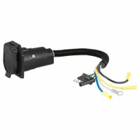 This adapter converts a 7-way blade connector to a 4-way flat configuration, enabling connection between vehicles and trailers with different wiring systems. Made of plastic, it measures 15 1/2 inches overall length. Suitable for towing applications requiring a simple wiring interface